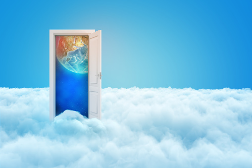 3d rendering of blue sky and white clouds with a doorway portal to an outer space and the Earth planet. Concept art. Space technology. Nature and science.